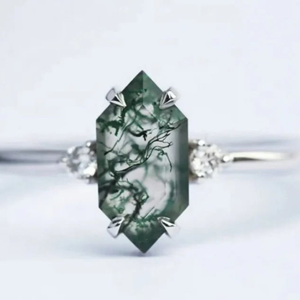 Lilian 925 Hexagon Shape Moss Agate Gemstone Engagement Ring 14k Yellow Gold Dai